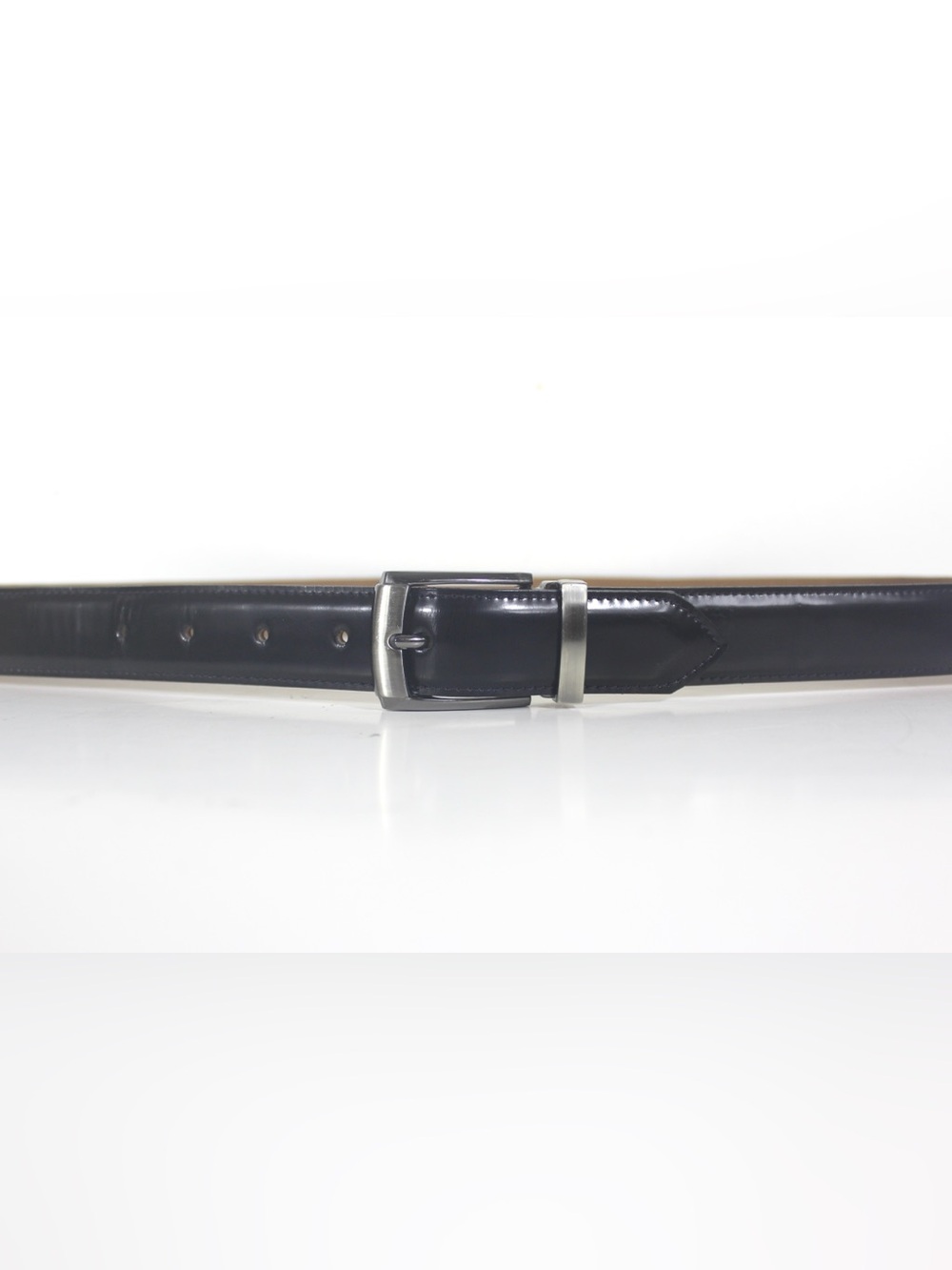 ROCHAS PARIS Polished Black Leather Mens Classic Dress Belt with Silver Buckle